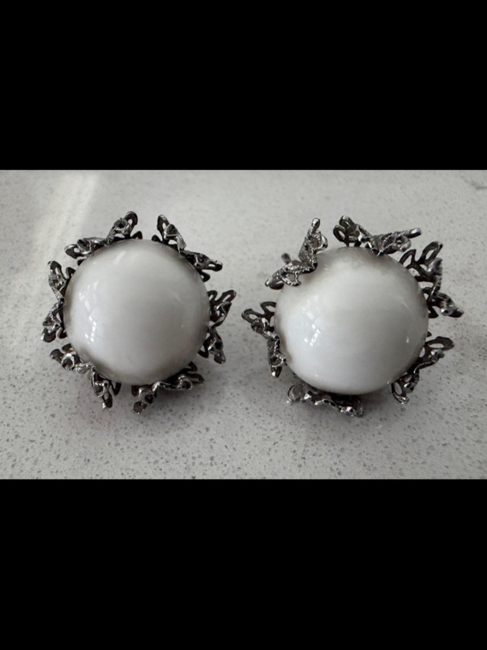 Vintage Bobley Silver Tone Filigree Leaf Clip On Earrings White Cabochon MCM